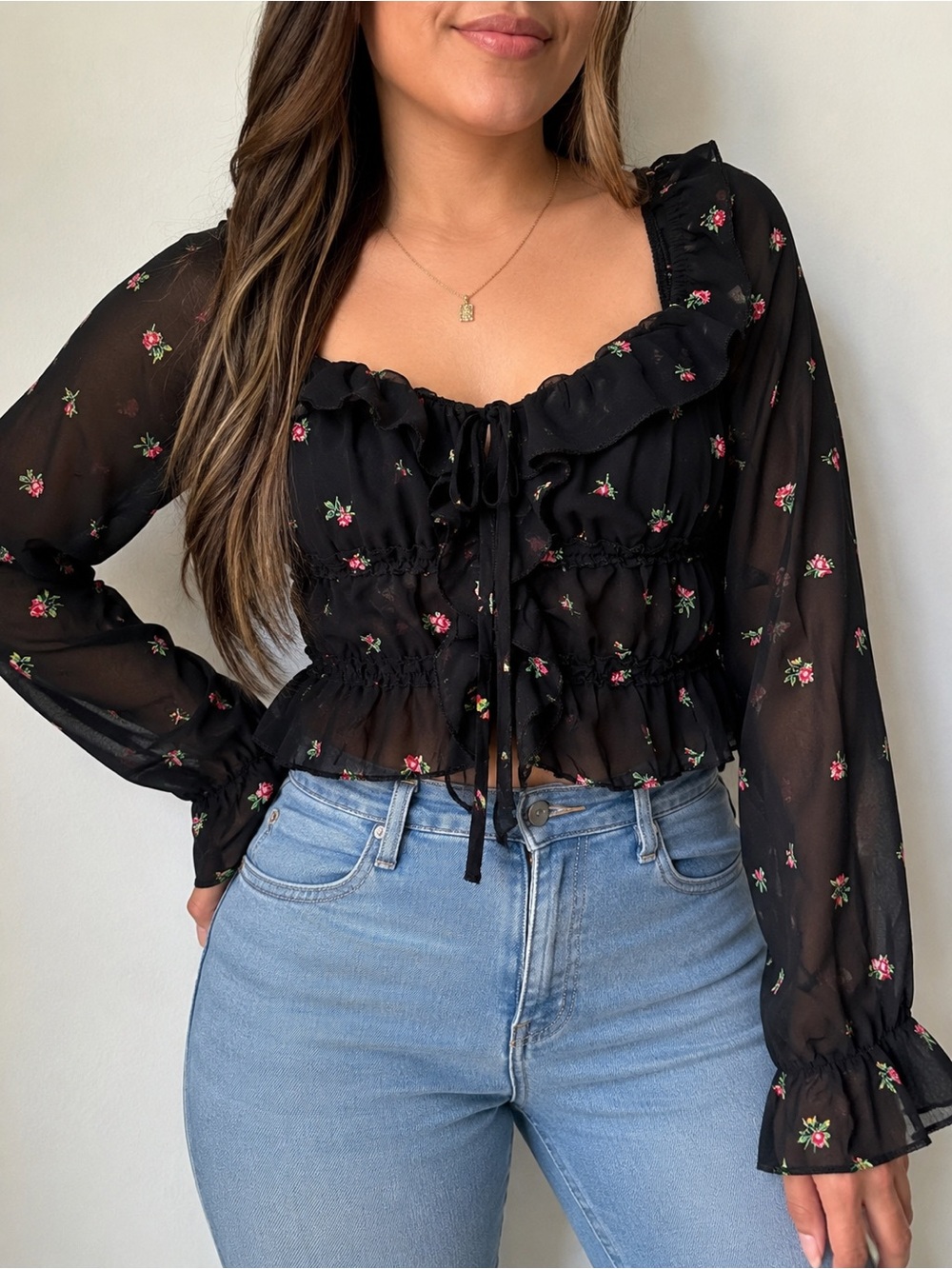NWT Tinseltown XS Black Floral Sheer Long Sleeve Ruffle Tie Front Top